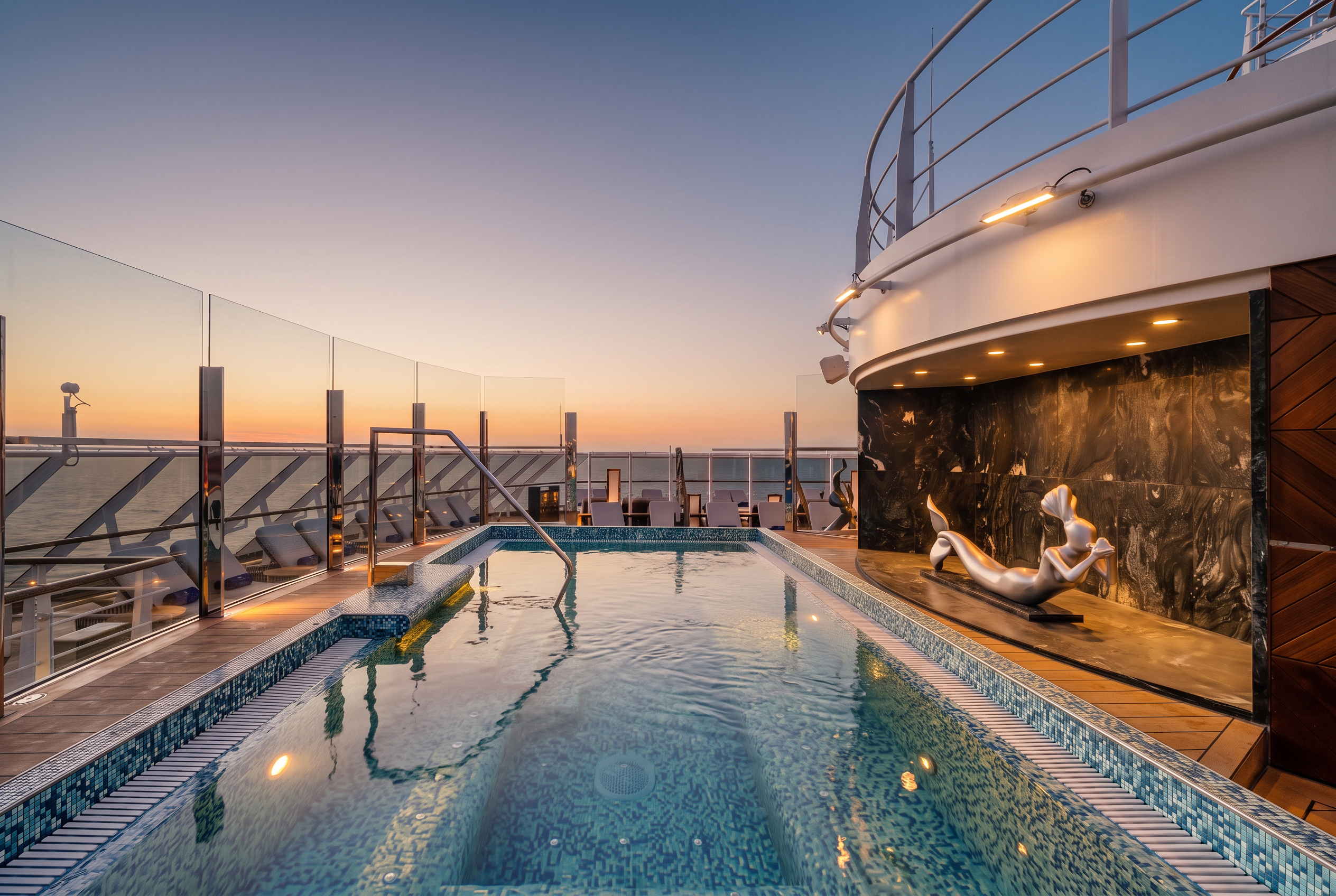 MSC Yacht Club pool deck at sunset with the pool glowing under a dusky sky